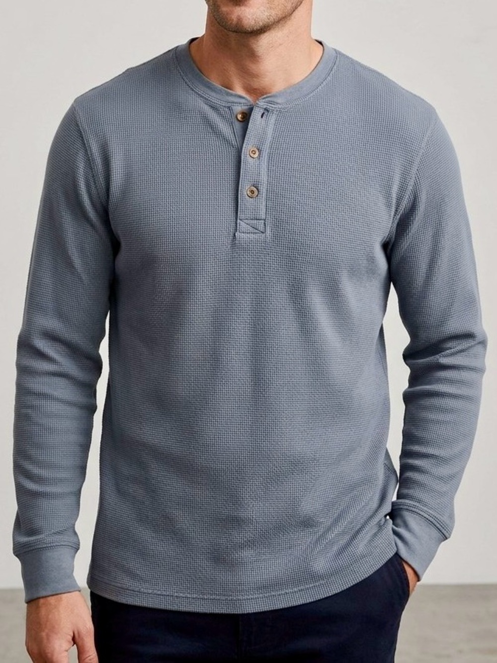 Goodfellow & Co Men’s Waffle Knit Long Sleeve Henley Shirt - Slate Blue Grey